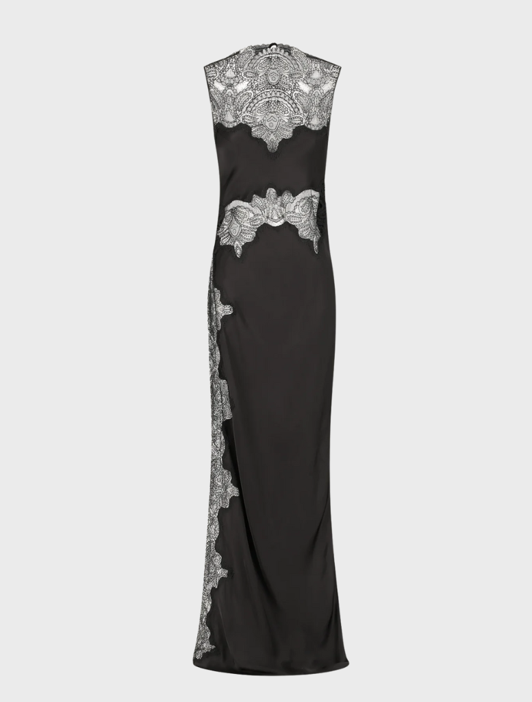 Black lace high neck maxi dress showcasing a chic design, perfect for formal occasions and evening events.