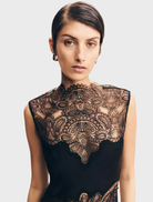 Black high neck maxi dress featuring intricate lace detailing, elegant silhouette, and flowing skirt for a sophisticated look.