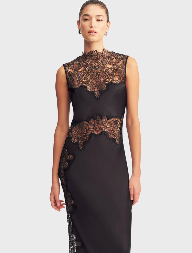 Elegant black maxi dress with a high lace neck, designed for a formal appearance with a flowing, graceful silhouette.