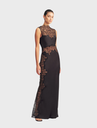 Sophisticated black lace high neck maxi dress, showcasing a long, flowing design perfect for formal occasions.