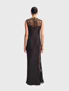 Sophisticated black lace high neck maxi dress, offering a stylish and elegant design perfect for formal events or special occasions.