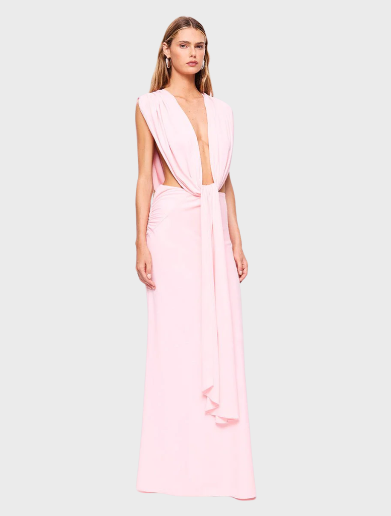 Elegant pink Jasmine gown with draped design and cutout details, perfect for formal occasions.