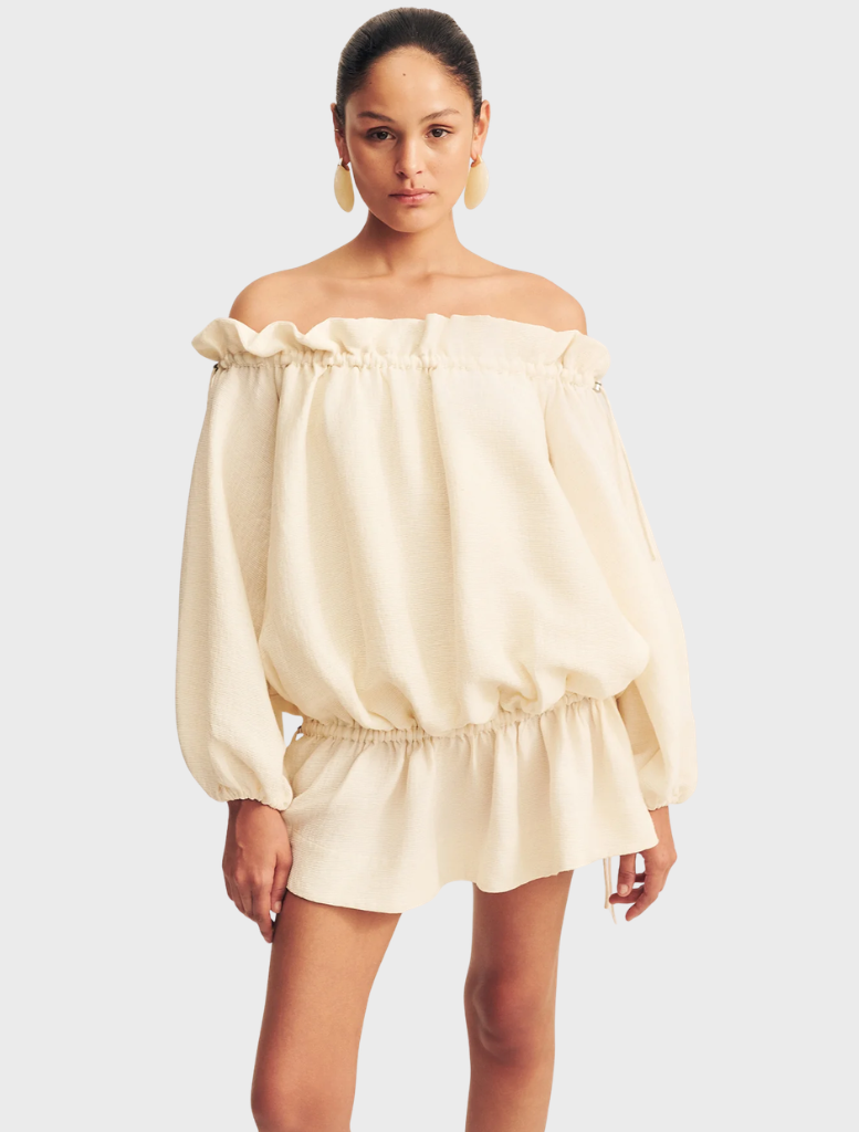 Linen blend mini dress in resin color, designed for a chic and comfortable look suitable for various occasions.