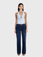 Jayda Top in cornflower blue, featuring a low cowl neck and scooped back, crafted from a comfortable jersey fabric.