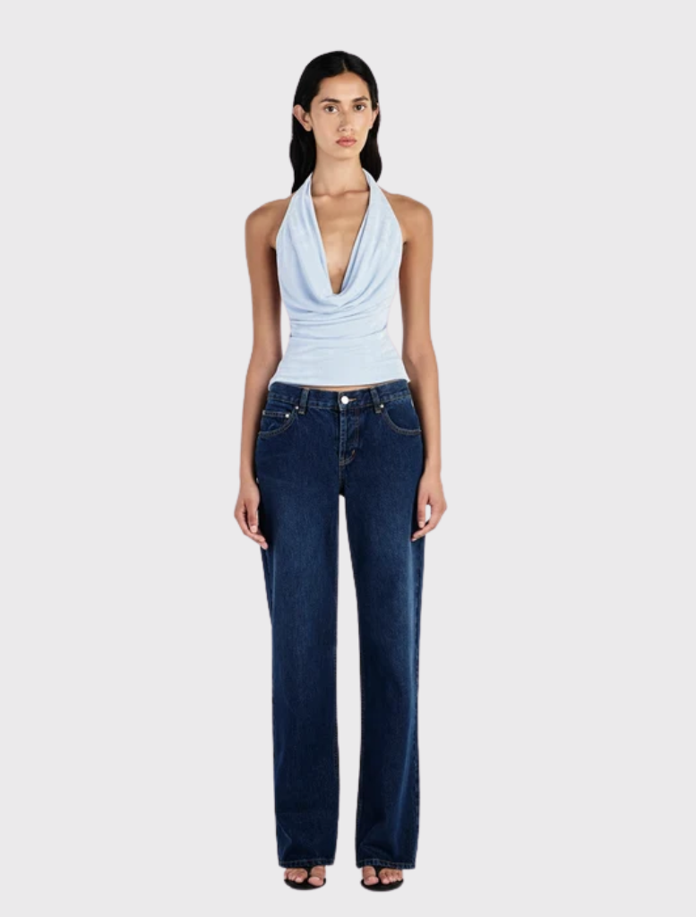 Jayda Top in cornflower blue, featuring a low cowl neck and scooped back, crafted from a comfortable jersey fabric.