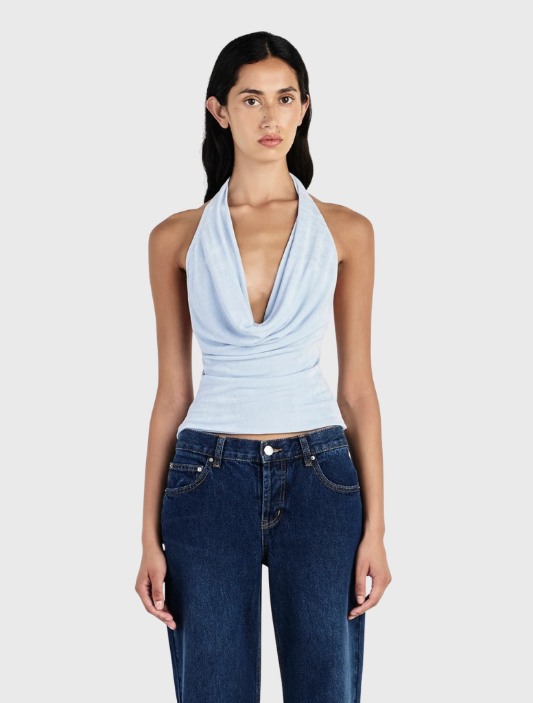 Cornflower blue jersey halter top featuring a low cowl neckline and scooped back, ideal for versatile everyday wear.