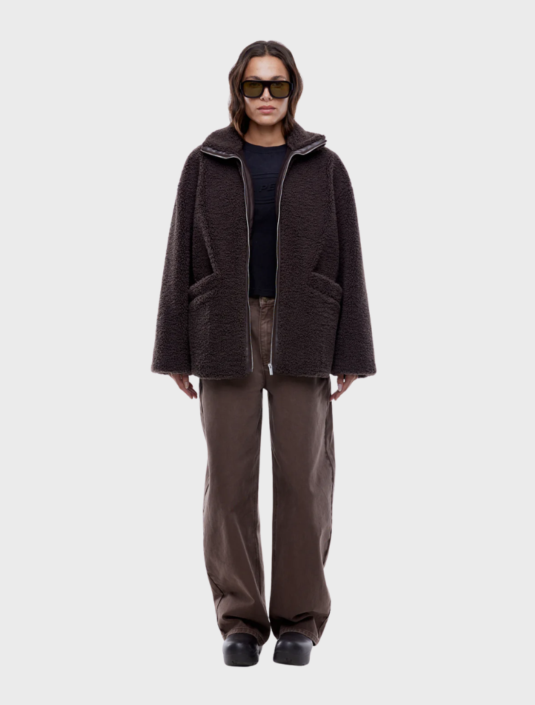Jayla Teddy Jacket in rich espresso, featuring a plush feel and stylish cut, ideal for adding warmth to any outfit.