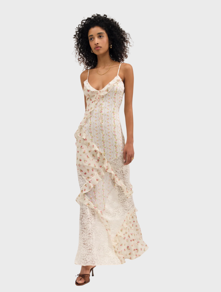Cream-colored Josalyn Maxi Dress with a graceful silhouette, perfect for both casual and formal settings.