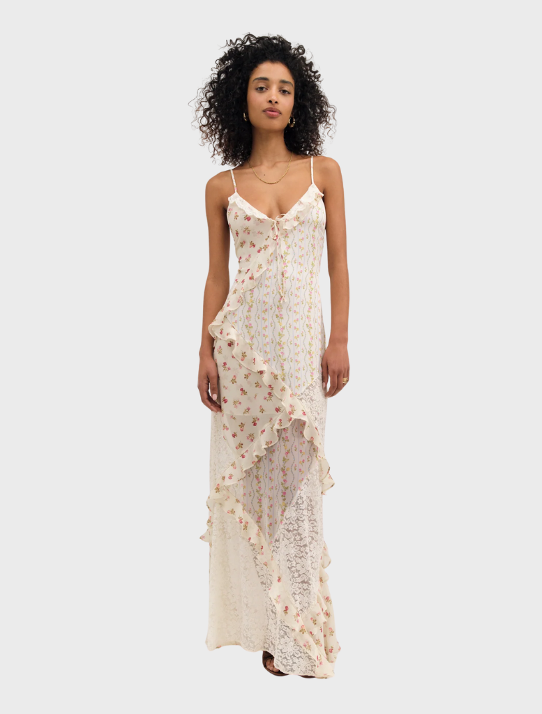 Cream Josalyn Maxi Dress featuring a flowing silhouette and elegant design, perfect for casual or formal occasions.
