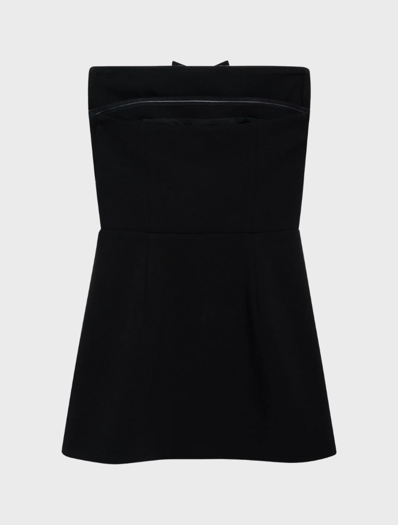Black strapless mini dress featuring a fitted silhouette and a chic, modern design suitable for various occasions.