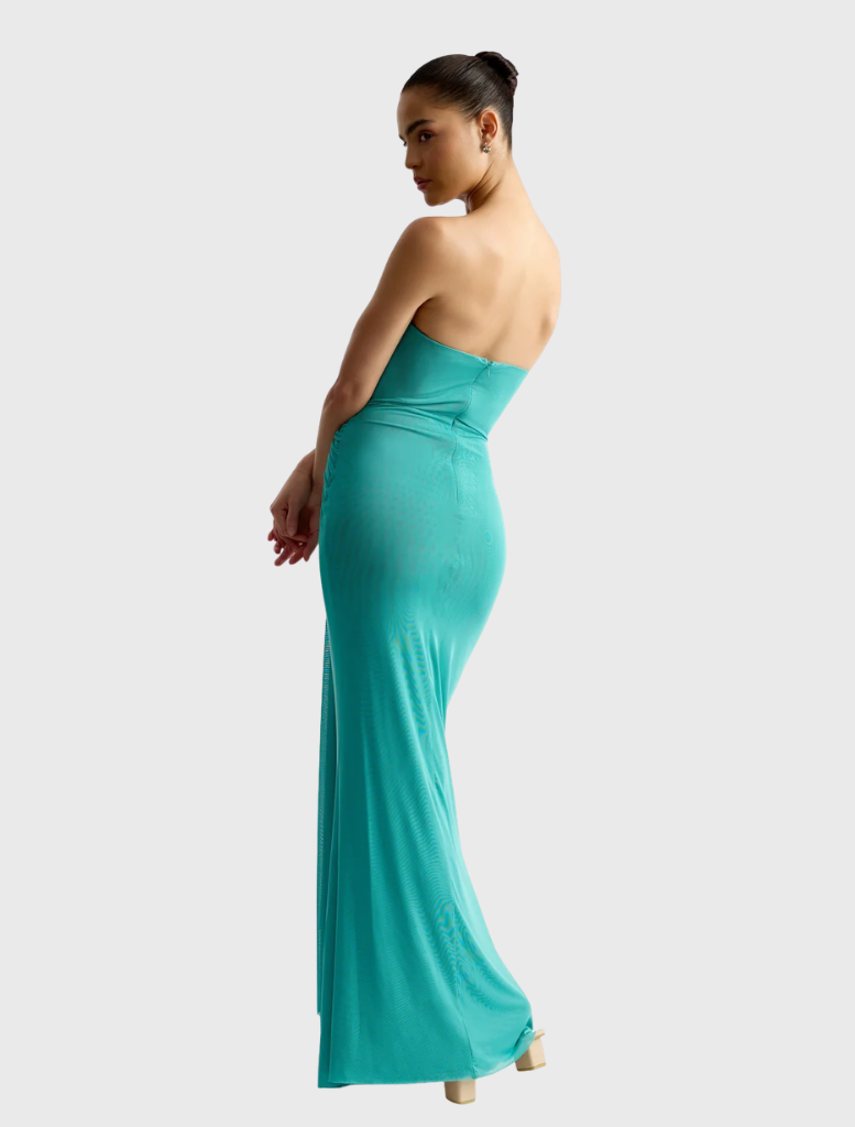 Jade strapless gown with three layers of stretch mesh, internal boning, and a gathered waist sash, ideal for formal occasions.