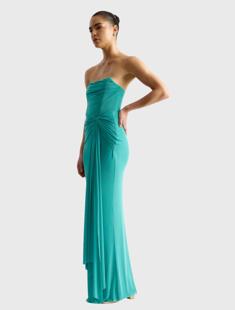 Elegant jade gown with a strapless design, three layers of mesh, and a gathered waist, perfect for weddings and formal events.