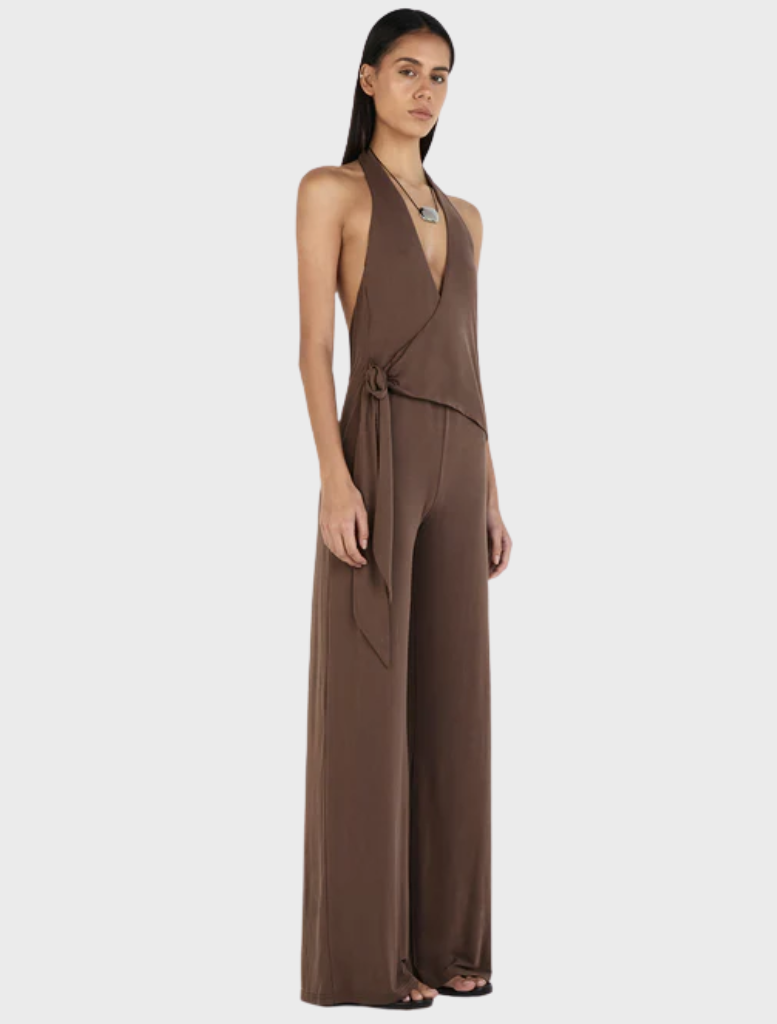 Front view of a chocolate Astrid jumpsuit, emphasizing its tailored fit and contemporary style.