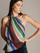 uniper Silk Top with a Wave Length motif, highlighting a smooth silk texture and dynamic wave design in rich hues.