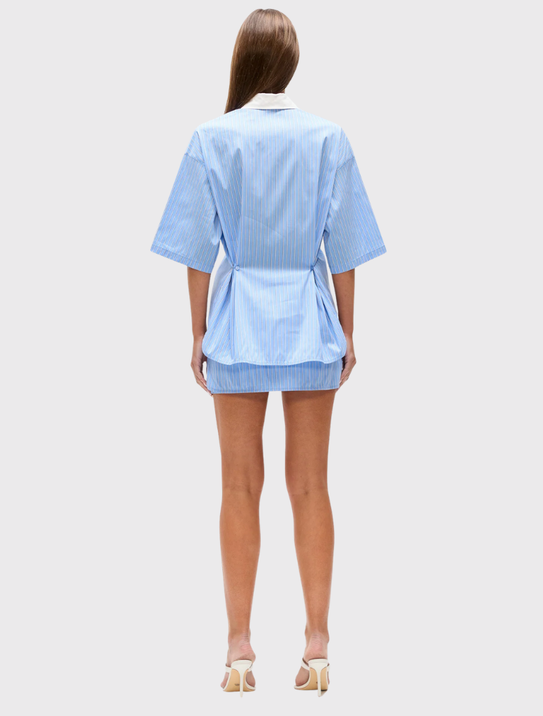 Oversized blue striped Kanzo Shirt with a white collar, button front, short sleeves, and a chest pocket for a casual look.