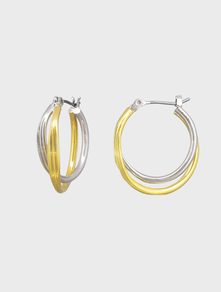 Gold and silver hoop earrings displayed on a white background, showcasing their elegant design and shiny finish.