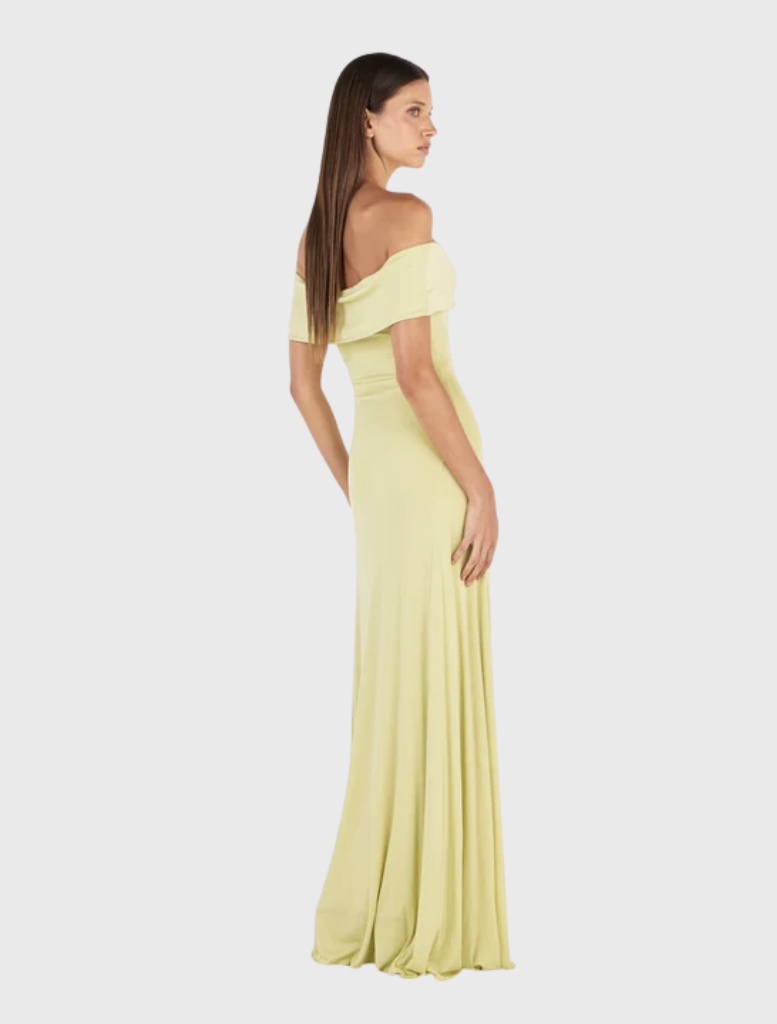  Elegant kiwi maxi dress, off-the-shoulder, fitted through body and sleeves, flaring at hem, and fully lined for comfort.