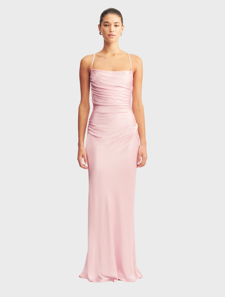 La Lune Blossom Lace Back Maxi Dress featuring a floral design and elegant lace detailing on the back.