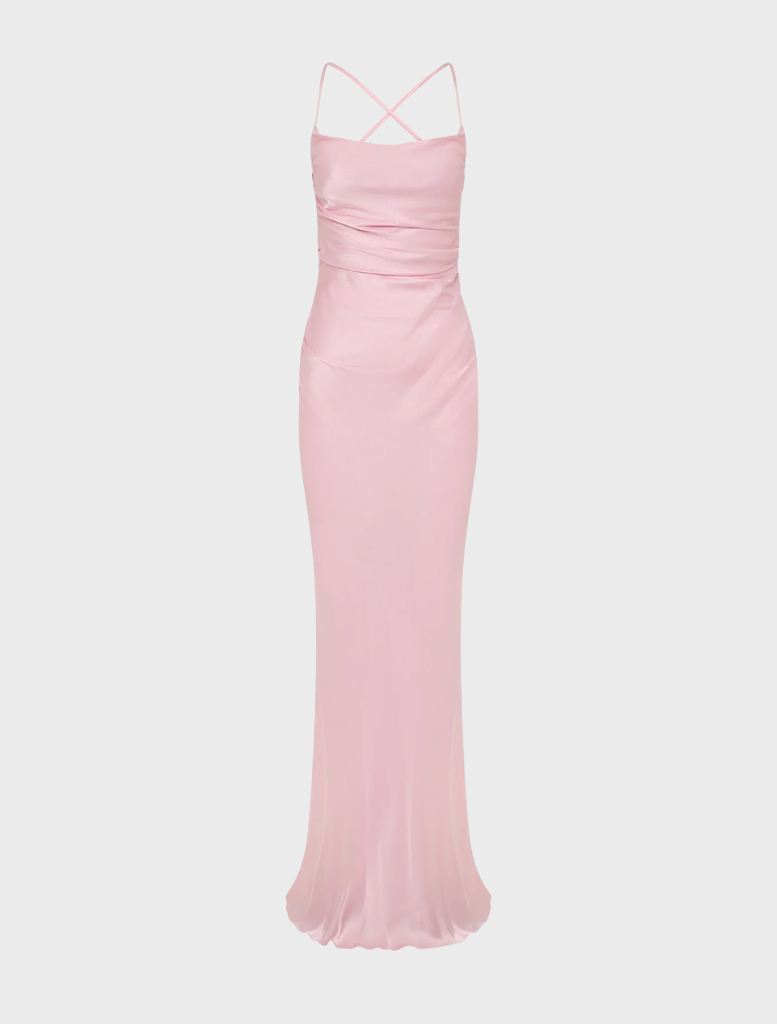 Blossom-colored La Lune Lace Back Maxi Dress, showcasing a delicate lace back and flowing silhouette.