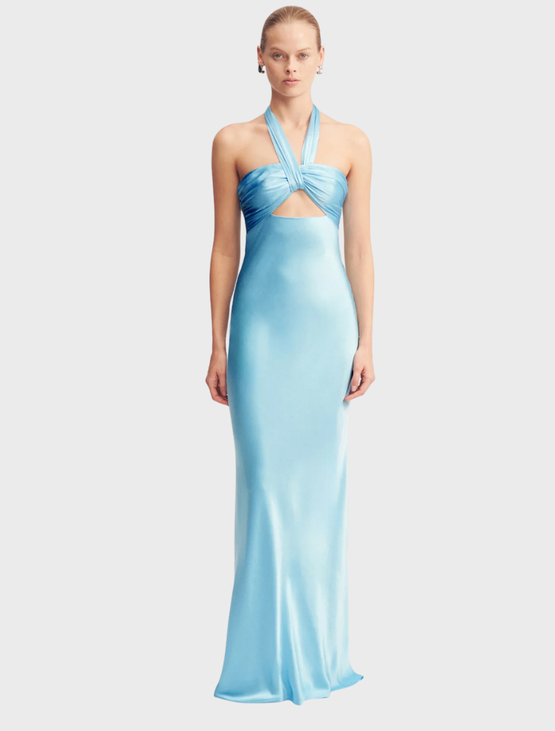 Iceberg blue La Lune ruched halter maxi dress, featuring a flowing silhouette and elegant halter neckline.