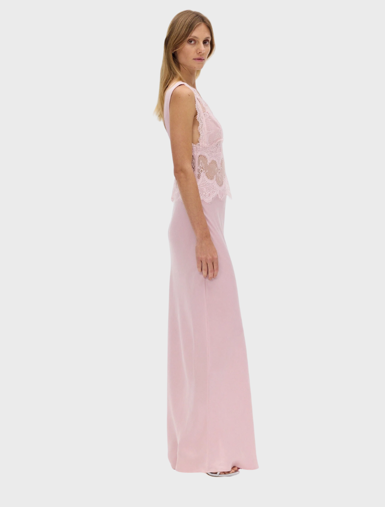 Beautiful rose-colored lace dress reaching the floor, showcasing a sophisticated style for formal celebrations.