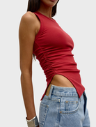 Red Lana Rouched Tank top featuring a stylish ruched design, perfect for casual or dressy occasions.