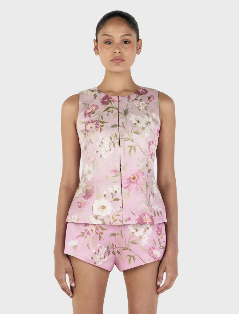 Lana Top in Rosewash Daisy pattern, featuring a floral design with soft pink and white hues on a lightweight fabric.