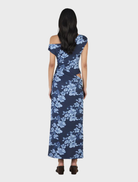 Elegant navy maxi dress with a rolling waves pattern, designed for a flowing and stylish look.
