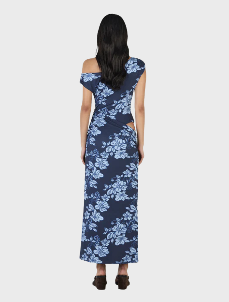 Elegant navy maxi dress with a rolling waves pattern, designed for a flowing and stylish look.
