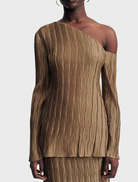 Stylish Leda long sleeve top in oak, featuring an asymmetrical cut for a chic and contemporary fashion statement.