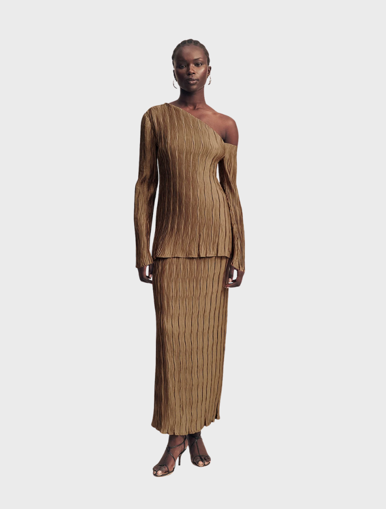 Leda asymmetrical long sleeve top in oak color, featuring a unique cut and stylish design for a modern look.