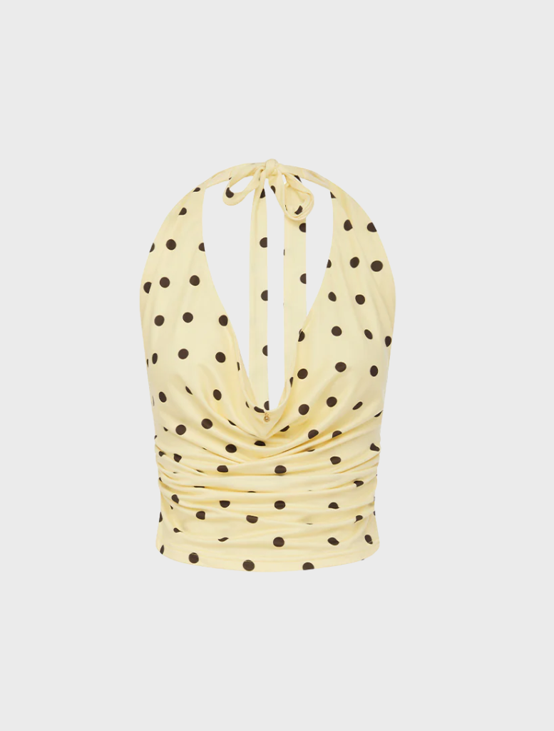 Melody Halter Cowl Top with a playful lemon and chocolate polka dot design, ideal for casual or semi-formal wear.