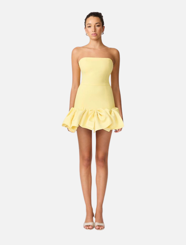 Strapless yellow mini dress with a ruffled skirt, named Evee Strapless Mini Dress - Lemon.