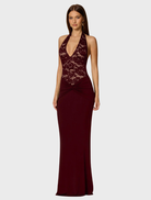 Elegant wine-colored Lennox Halter Gown featuring a flattering silhouette and sophisticated design.