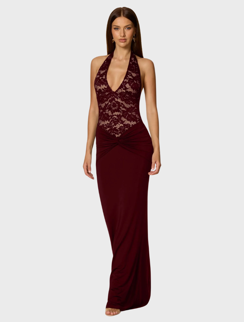 Wine-hued Lennox Halter Gown showcasing a chic halter neckline and flowing fabric for a refined look.