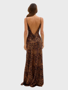 Stylish Savannah Rosette Gown in leopard print, highlighting a fashionable and elegant look for evening wear.