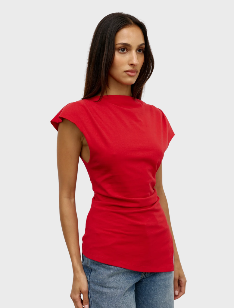 Close-up of a red Liana top, emphasizing its rich color and fashionable style.