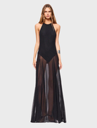 Stunning black gown with embellishments, featuring a graceful design that enhances elegance for special events.