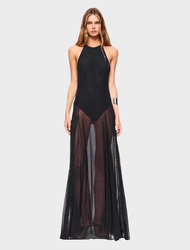 Stunning black gown with embellishments, featuring a graceful design that enhances elegance for special events.