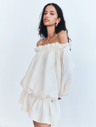 A linen blend mini dress in resin color, featuring a fitted silhouette and short sleeves, ideal for casual wear.