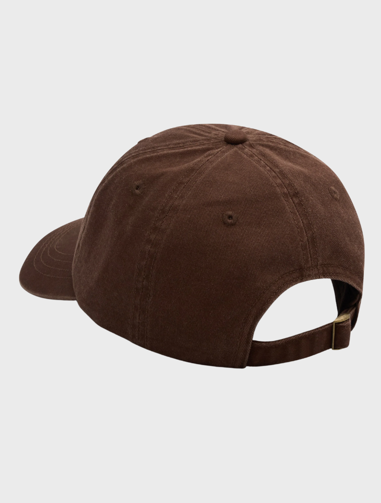 Cap in rich chocolate hue, adorned with a distinctive logo on the front panel.