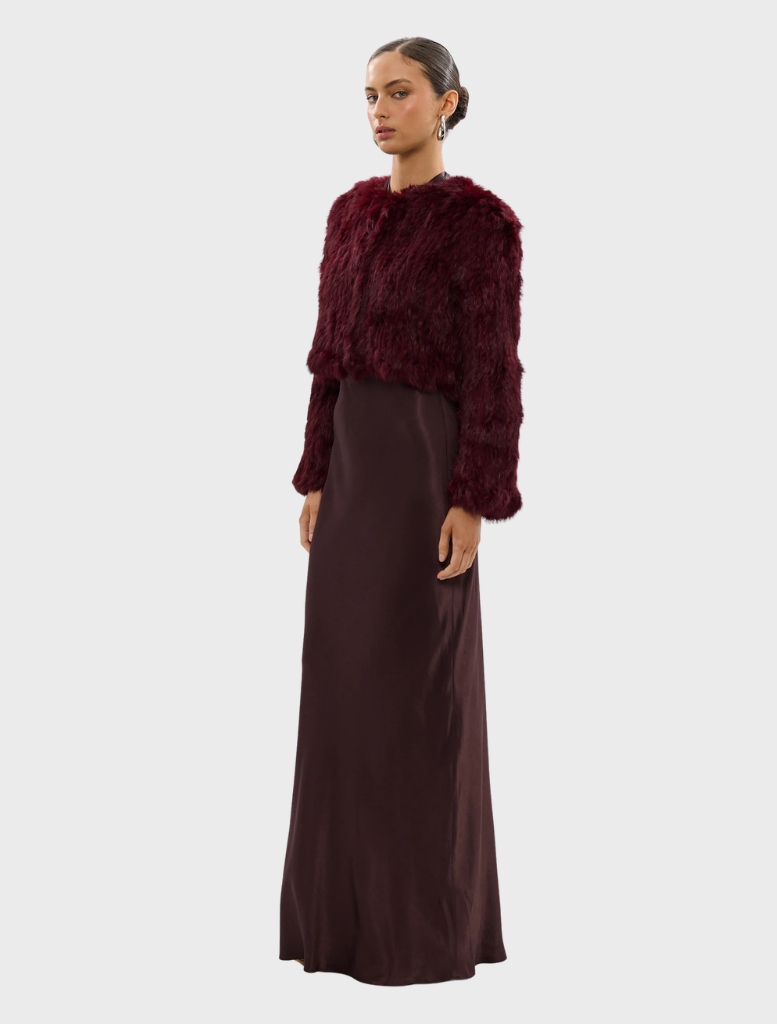 Elegant wine Lola crop jacket, designed for a trendy look and versatile styling options.