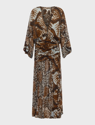 Long sleeve maxi dress in Ristretto and Arcadian Blue with a plunging neckline, showcasing a stylish and elegant design.