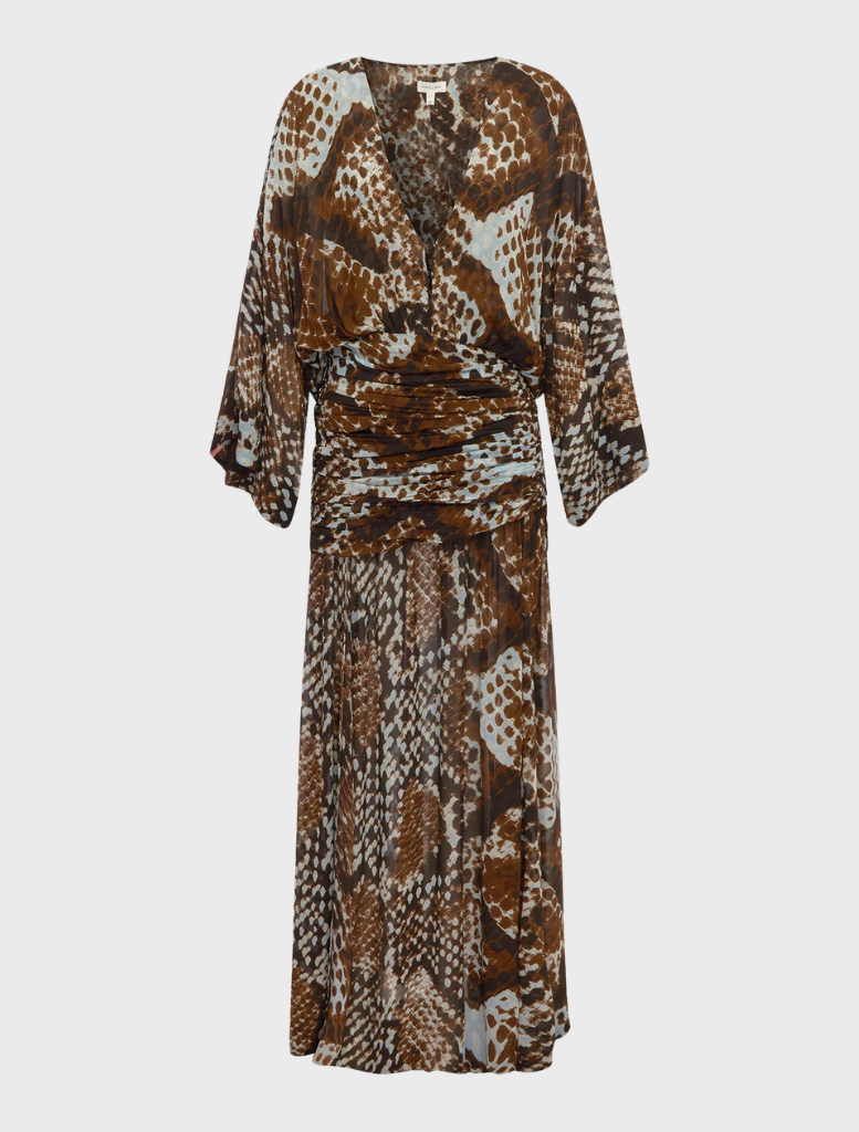 Long sleeve maxi dress in Ristretto and Arcadian Blue with a plunging neckline, showcasing a stylish and elegant design.