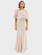 Chic Lottie Wrap in blush, made of upcycled Marabou Feather, includes a double hook-and-eye closure and satin lining.
