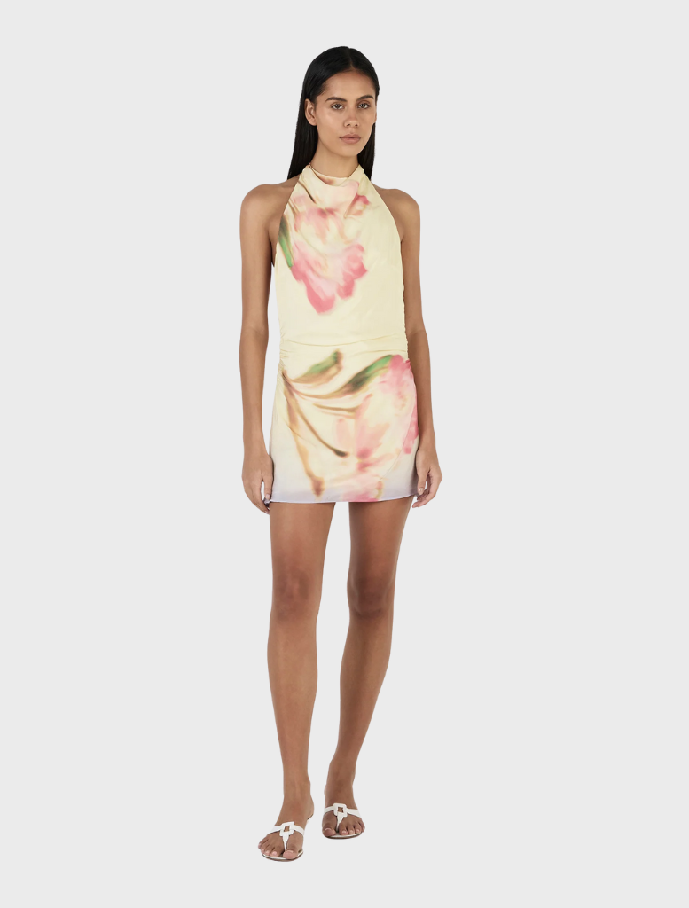 Louisa Mini Dress in Golden Drift, featuring a vibrant golden hue and a stylish, fitted silhouette perfect for summer outings.