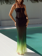 Brandy Sheer Low Waist Maxi Skirt featuring a pine ombre pattern, perfect for a breezy, fashionable summer outfit.