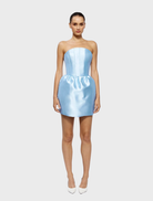 Model wearing a strapless Luetta Mini Dress in cornflower blue, showcasing a stylish and elegant design.