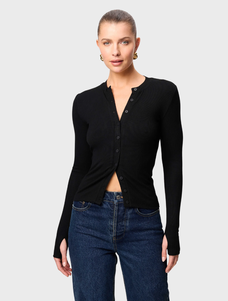 Black Lyon Cardigan displayed on a hanger, featuring a classic design with long sleeves and an open front.
