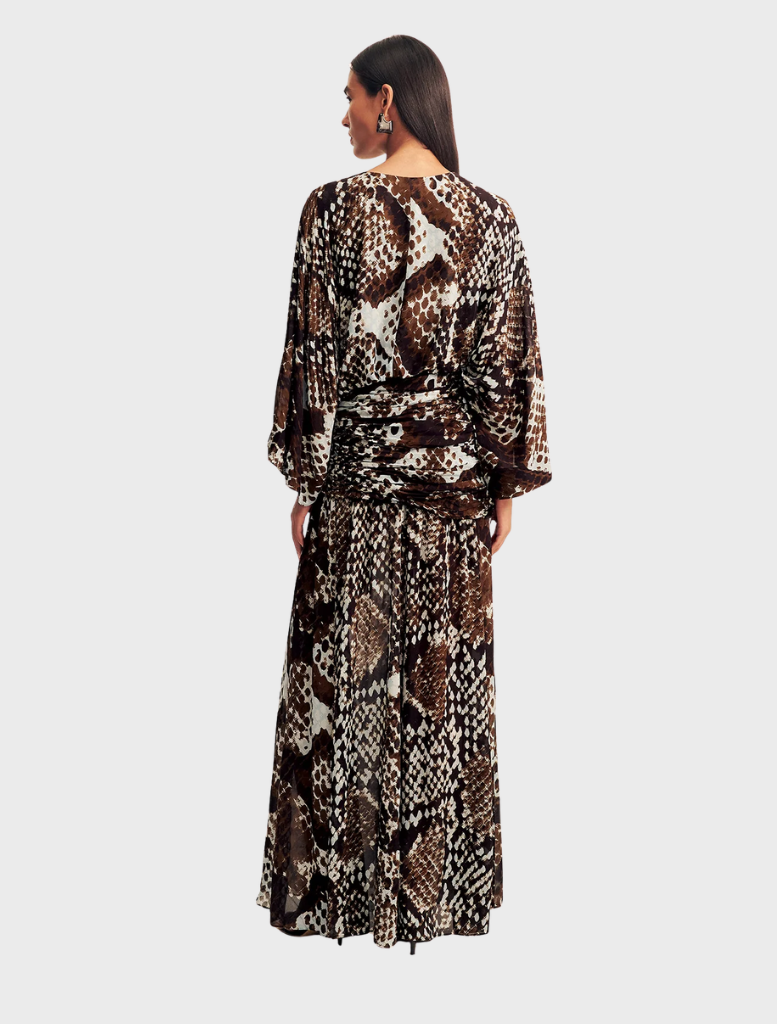 Ristretto and Arcadian Blue long sleeve maxi dress with a plunging neckline, combining sophistication and modern style.